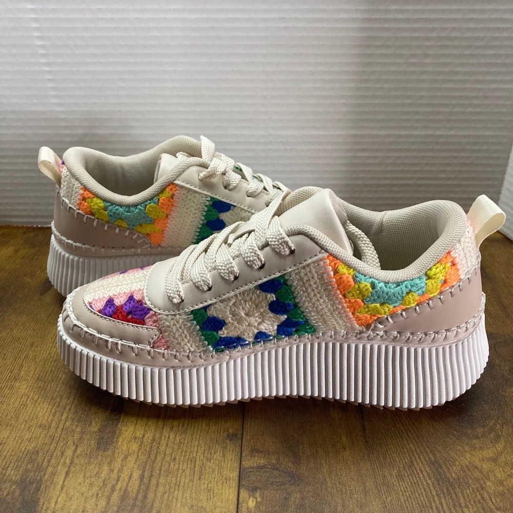 BERNESS Women's Crochet Patchwork‎ Platform Sneakers Cream Multi Color Size 7 - Picture 6 of 10